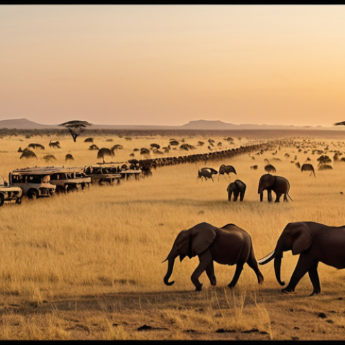 A panoramic view of the vast Serengeti savanna at dawn, teeming with a massive wildebeest migration. Golden dust rises from millions of animals, with several classic safari jeeps in the distance. Focus on the grand scale, 'Big Five' animals (lions, elephants), and the bustling, popular nature of Northern Tanzania safaris. Cinematic, high detail, vibrant colors.