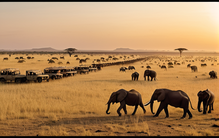 A panoramic view of the vast Serengeti savanna at dawn, teeming with a massive wildebeest migration. Golden dust rises from millions of animals, with several classic safari jeeps in the distance. Focus on the grand scale, 'Big Five' animals (lions, elephants), and the bustling, popular nature of Northern Tanzania safaris. Cinematic, high detail, vibrant colors.