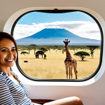 **Prompt:** A happy, refreshed Malaysian traveler (e.g., a smiling woman or man in comfortable travel attire) looking out from a sleek, modern airplane window. The view outside seamlessly transitions from a comfortable, spacious cabin interior to a stunning Tanzanian landscape, featuring the majestic Mount Kilimanjaro in the distance, a vibrant safari scene with acacia trees and distant wildlife (like giraffes or zebras), all under a clear, bright sky. The overall mood should convey the ease, comfort, and time-saving benefits of a direct flight, leading to an energetic arrival, ready for adventure.