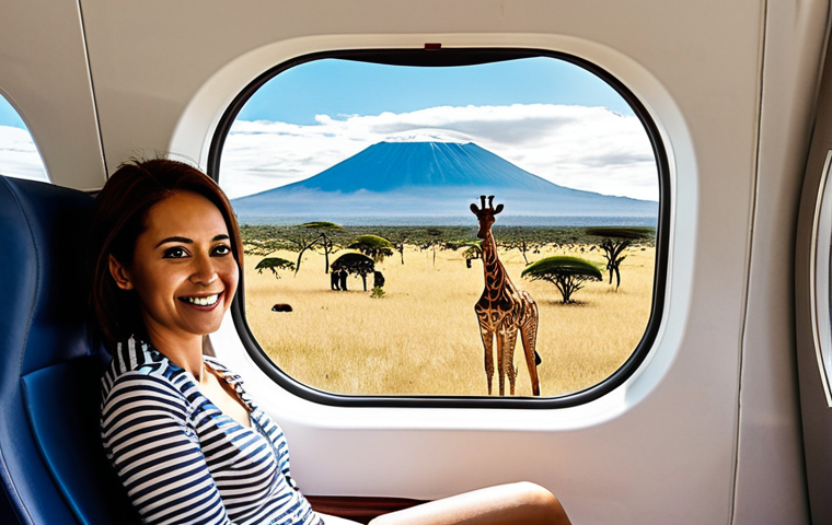 **Prompt:** A happy, refreshed Malaysian traveler (e.g., a smiling woman or man in comfortable travel attire) looking out from a sleek, modern airplane window. The view outside seamlessly transitions from a comfortable, spacious cabin interior to a stunning Tanzanian landscape, featuring the majestic Mount Kilimanjaro in the distance, a vibrant safari scene with acacia trees and distant wildlife (like giraffes or zebras), all under a clear, bright sky. The overall mood should convey the ease, comfort, and time-saving benefits of a direct flight, leading to an energetic arrival, ready for adventure.