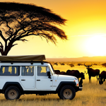 Tanzania - Serengeti Sunset**

"A golden sunset over the vast Serengeti plains, Tanzania. Wildebeest graze peacefully in the foreground, silhouetted against the warm light. Acacia trees dot the horizon. Fully clothed tourists in a safari jeep observe the scene from a respectful distance. Safe for work, appropriate content, professional, family-friendly, perfect anatomy, natural proportions, well-formed hands, proper finger count, natural body proportions, high quality."

**