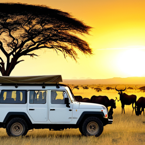 Tanzania - Serengeti Sunset**

"A golden sunset over the vast Serengeti plains, Tanzania. Wildebeest graze peacefully in the foreground, silhouetted against the warm light. Acacia trees dot the horizon. Fully clothed tourists in a safari jeep observe the scene from a respectful distance. Safe for work, appropriate content, professional, family-friendly, perfect anatomy, natural proportions, well-formed hands, proper finger count, natural body proportions, high quality."

**