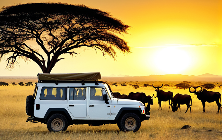 Tanzania - Serengeti Sunset**

"A golden sunset over the vast Serengeti plains, Tanzania. Wildebeest graze peacefully in the foreground, silhouetted against the warm light. Acacia trees dot the horizon. Fully clothed tourists in a safari jeep observe the scene from a respectful distance. Safe for work, appropriate content, professional, family-friendly, perfect anatomy, natural proportions, well-formed hands, proper finger count, natural body proportions, high quality."

**