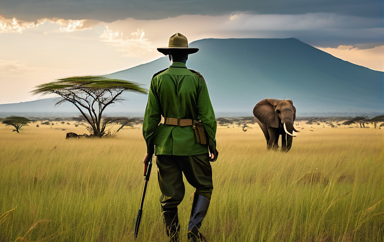탄자니아 야생동물 보호 정책 - **Prompt:** A powerful and poignant image depicting the dedicated efforts of wildlife rangers in Tan...